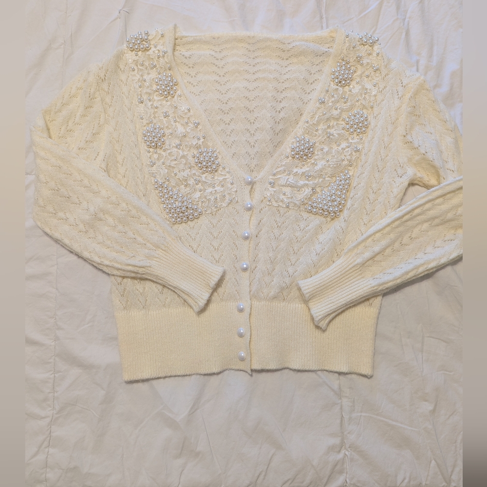 Vintage Cream Cardigan with Pearl Accents